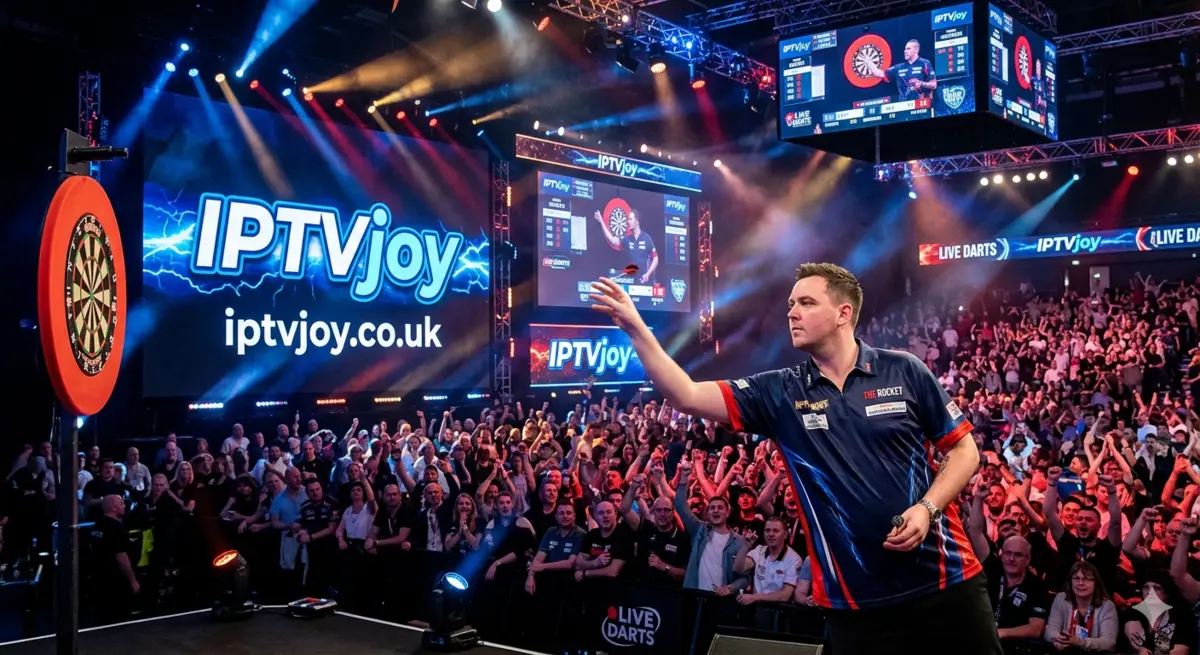 Darts player throwing on stage at a PDC event under bright lights