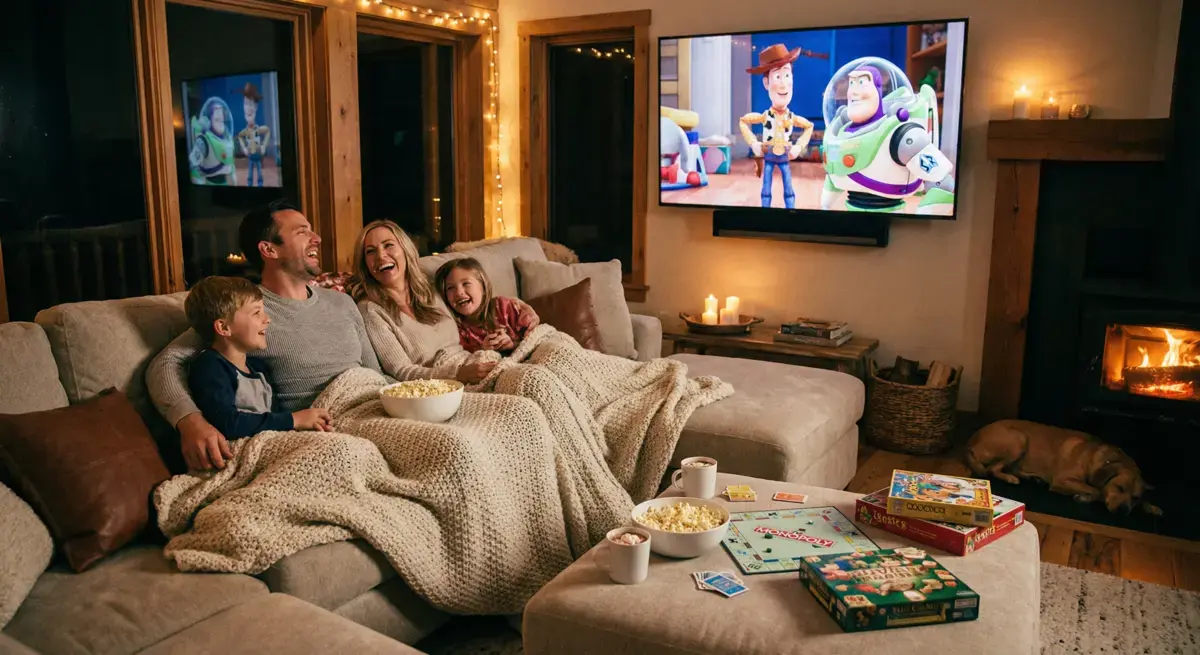 Family enjoying a movie night together in the living room