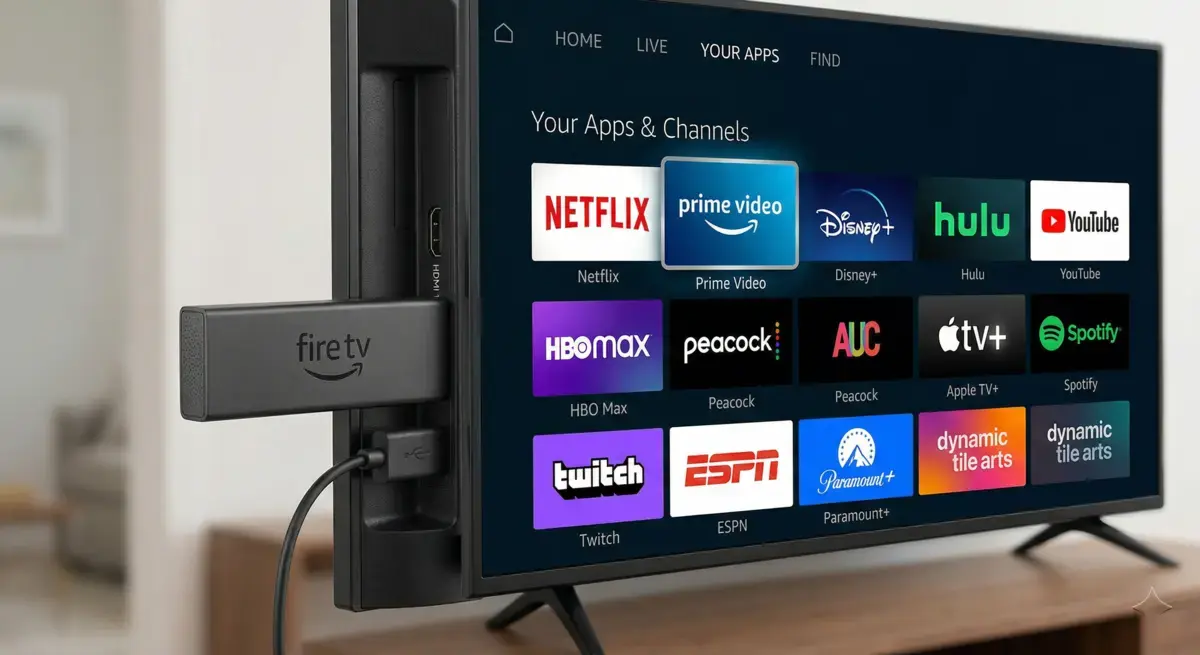 Amazon Fire TV Stick with the best IPTV apps displayed on a television screen