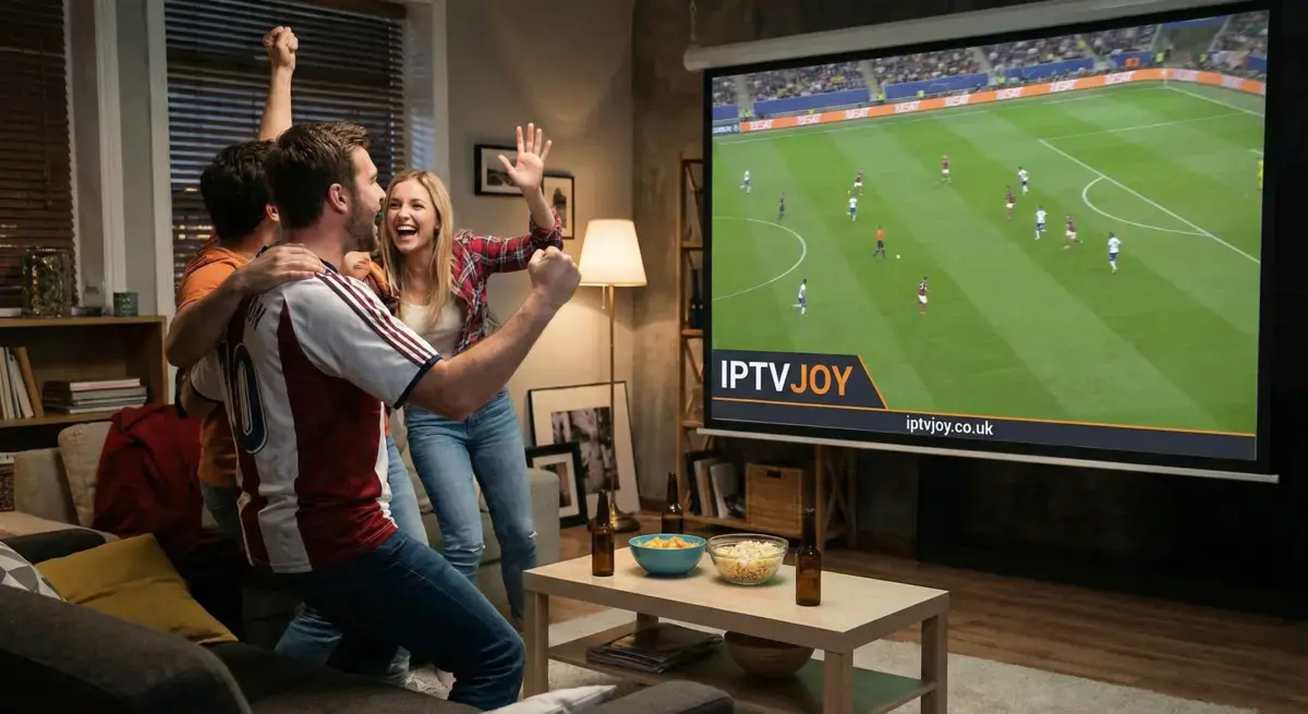 Football fans watching a Premier League match together on a big screen
