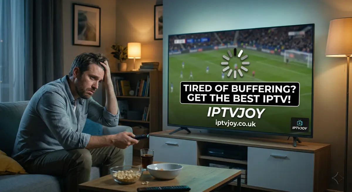Person troubleshooting IPTV buffering on a smart TV in a modern living room