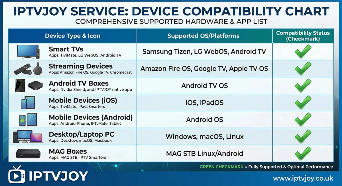 Chart showing all devices compatible with IPTV streaming