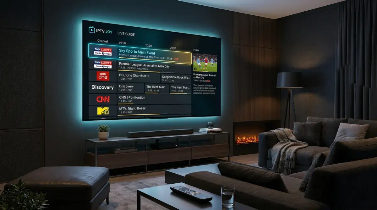 Illustrated guide to how IPTV works with a smart TV streaming live channels over broadband