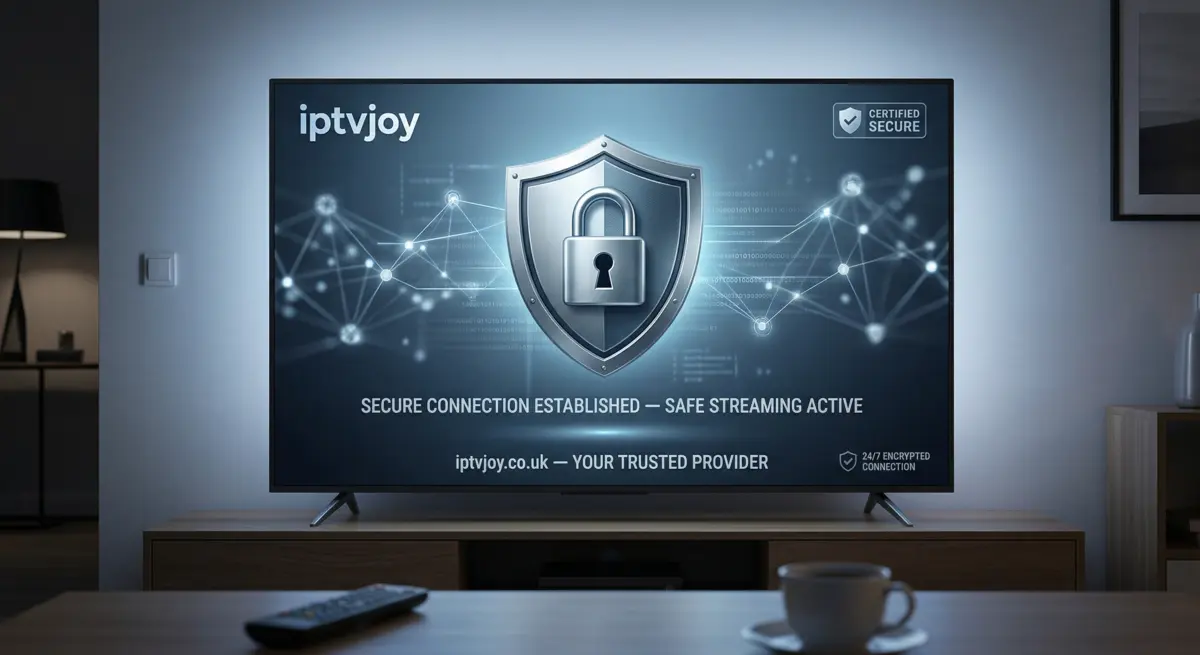 Illustration of a VPN shield protecting an IPTV streaming connection