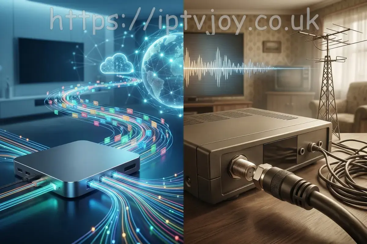Side-by-side comparison of IPTV against Sky, Virgin Media, and BT TV showing price and channel differences