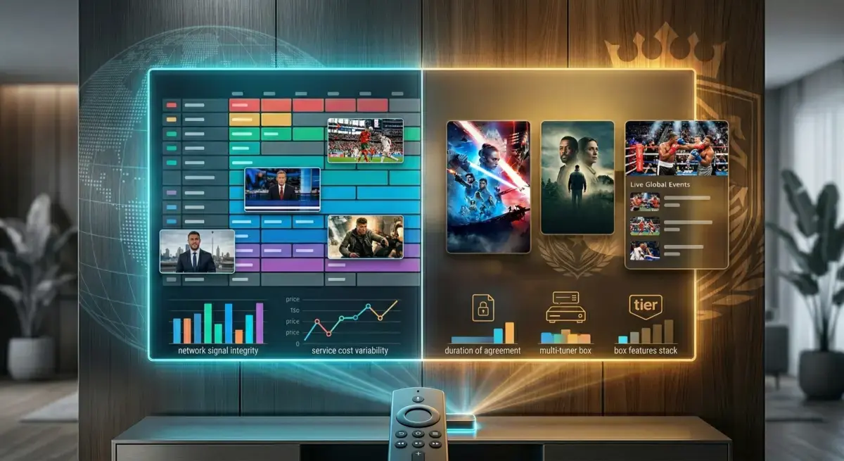 Side-by-side comparison of IPTV and traditional satellite TV showing price and channel differences