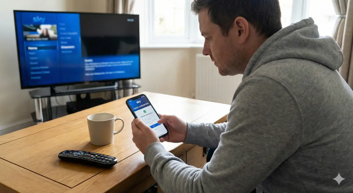 Person cancelling their Sky Sports subscription on a laptop to switch to IPTV