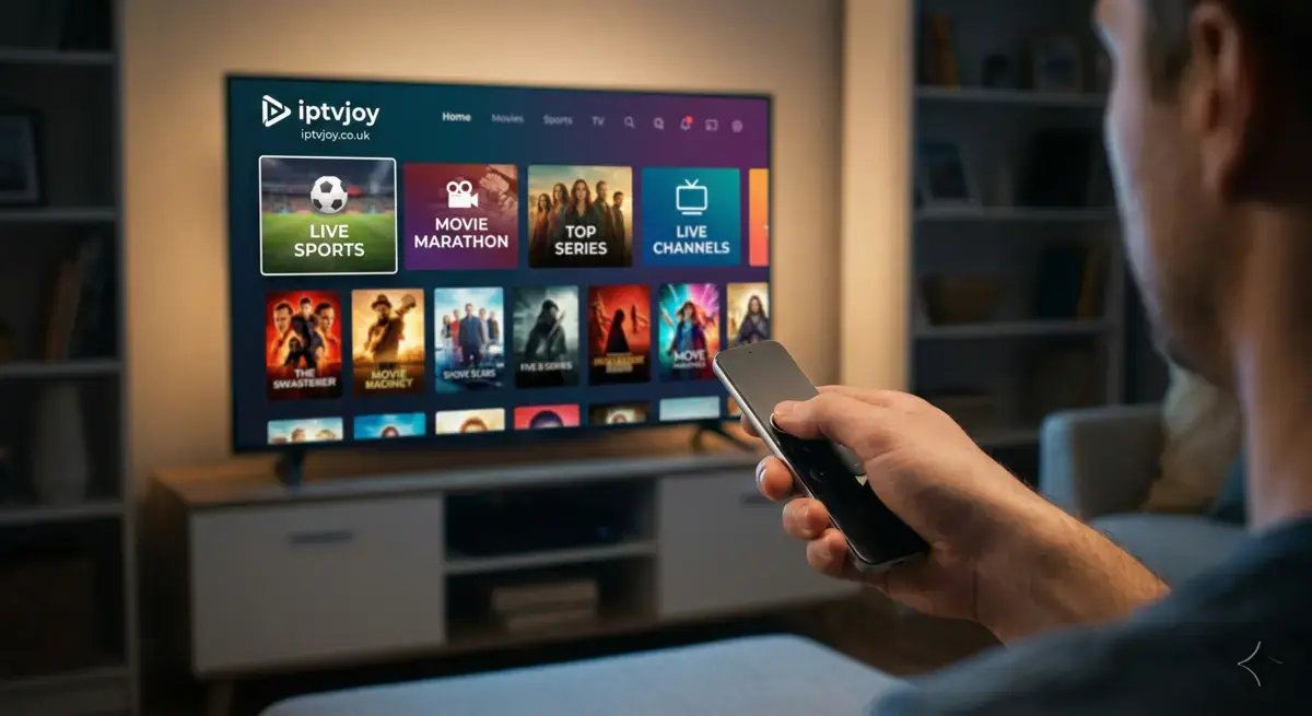 Hand holding a remote control while browsing live TV channels on screen