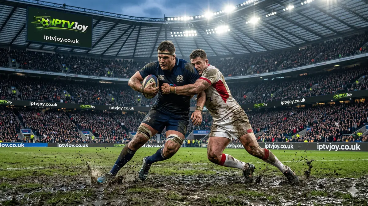 Rugby players in a tackle during a live match with crowd in the background