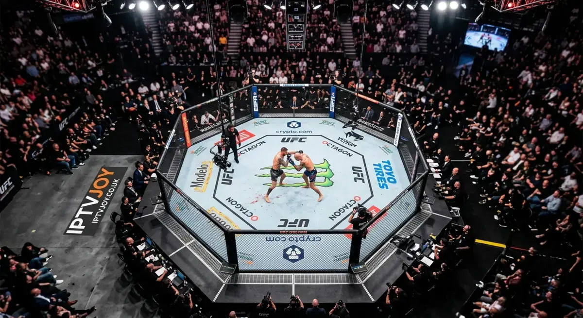 UFC octagon fight with two fighters competing inside the cage under arena lights