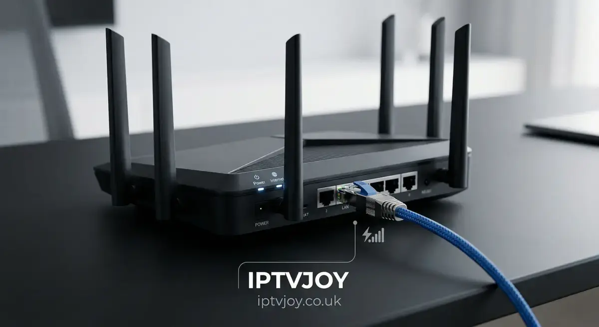 Wi-Fi router and ethernet cable setup for fast IPTV streaming